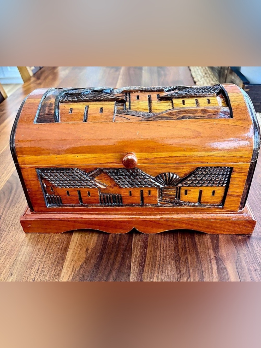 Vintage Hand Carved Wooden Jewelry Box Trunk Honduras Folk Art Village Scene 3D